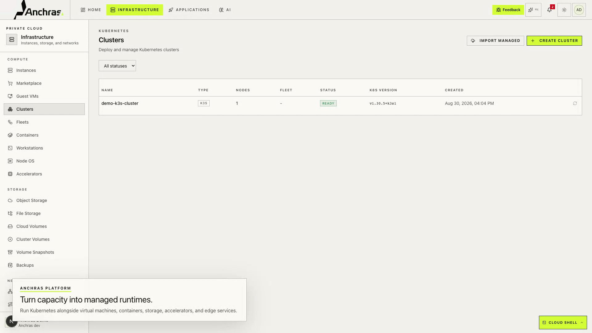 Anchras infrastructure view showing a Kubernetes cluster.