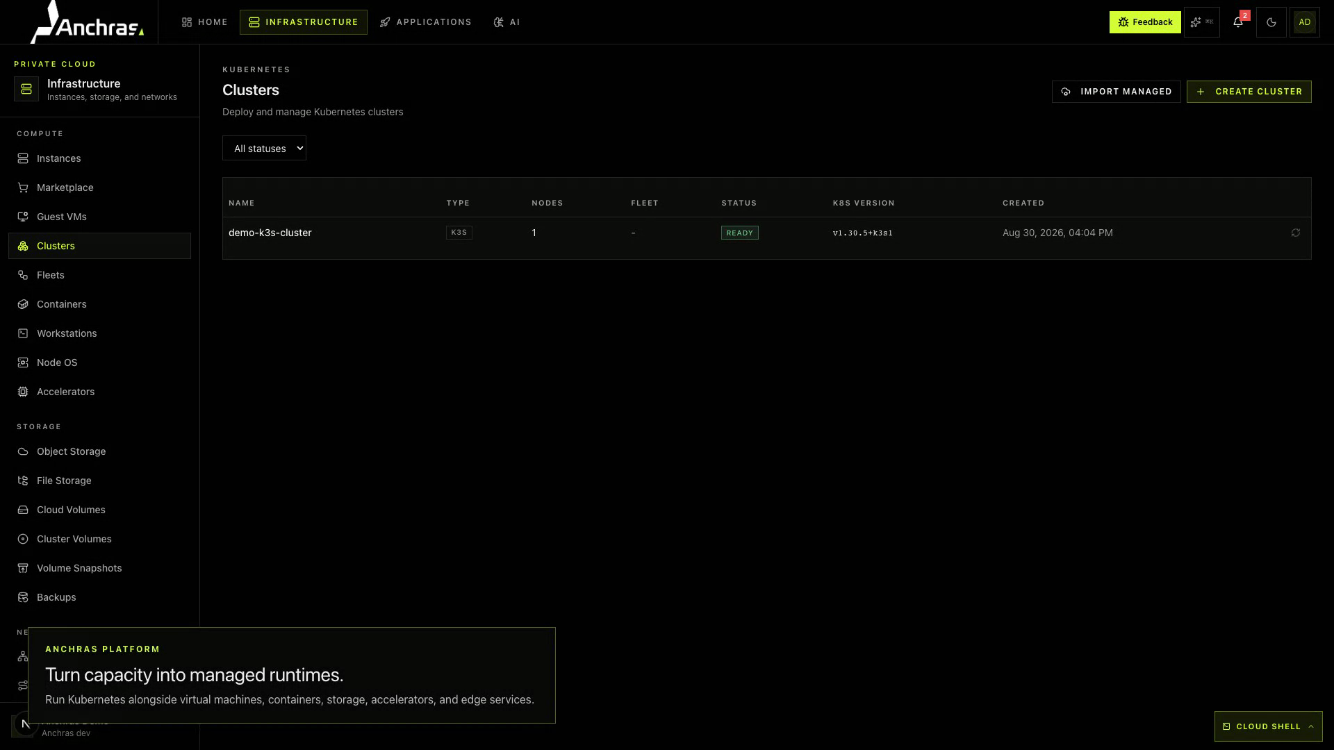 Anchras infrastructure view showing a Kubernetes cluster.