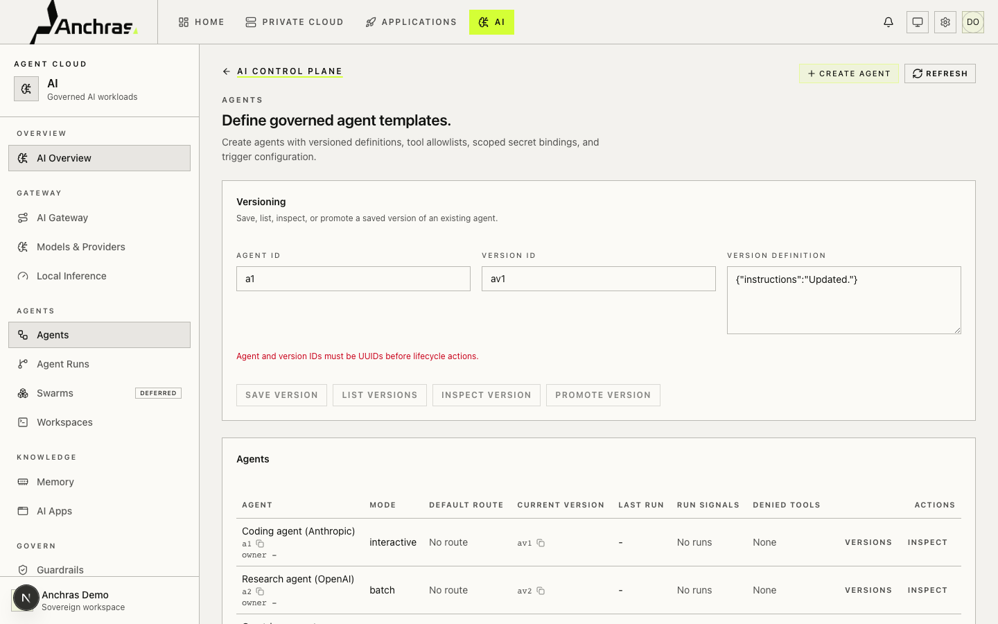 Anchras Platform. AI Agents page showing versioned agent templates, modes, default routes, run signals, and the agents list with their current versions.