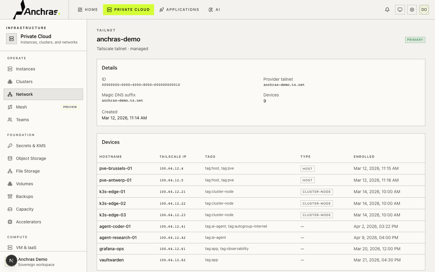 Anchras Platform. Network page showing the demo tailnet with hosts, cluster nodes, AI agents, and apps